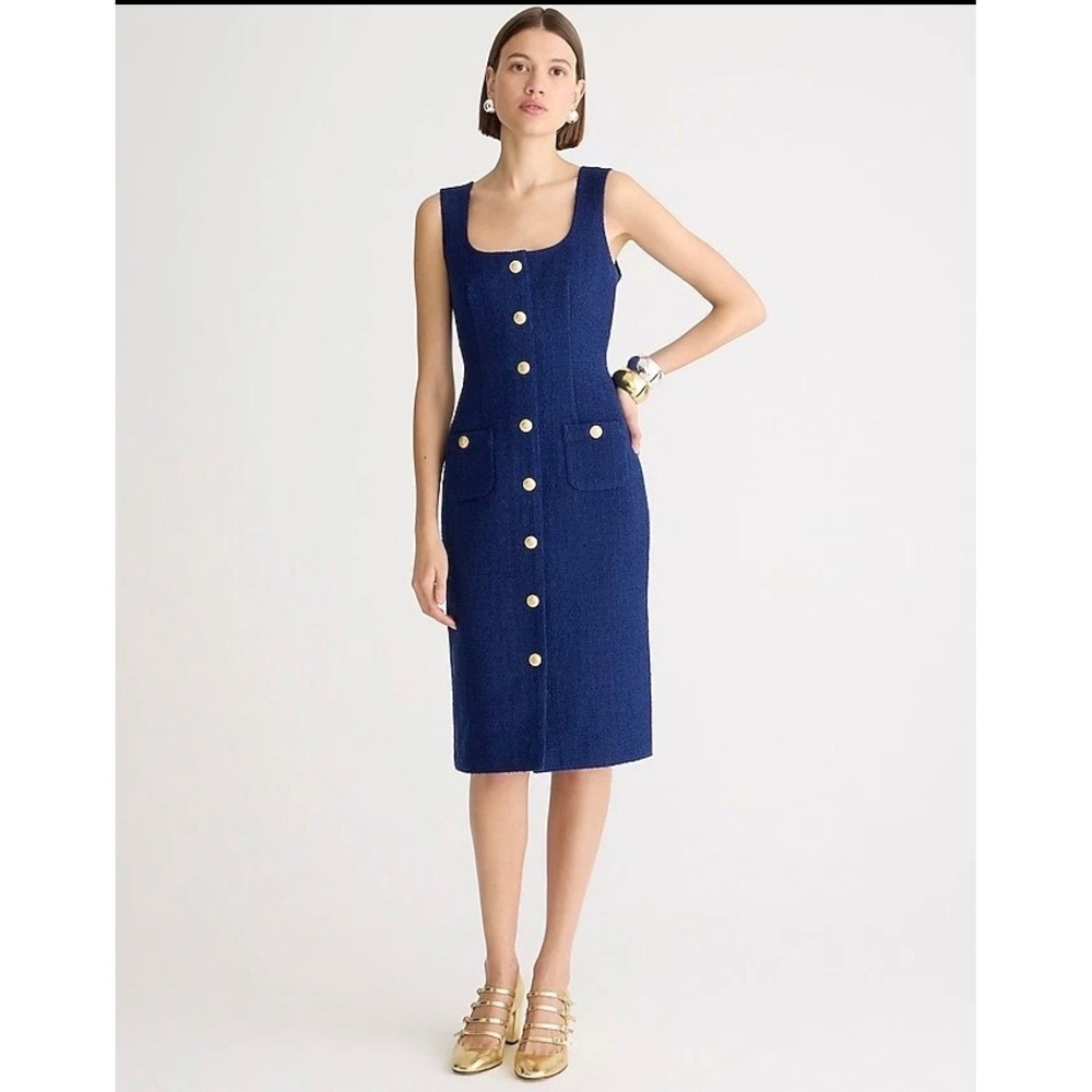 J.Crew Navy Blue Wool Boucle Button Sheath Dress Gold Crest Buttons 18 Plus